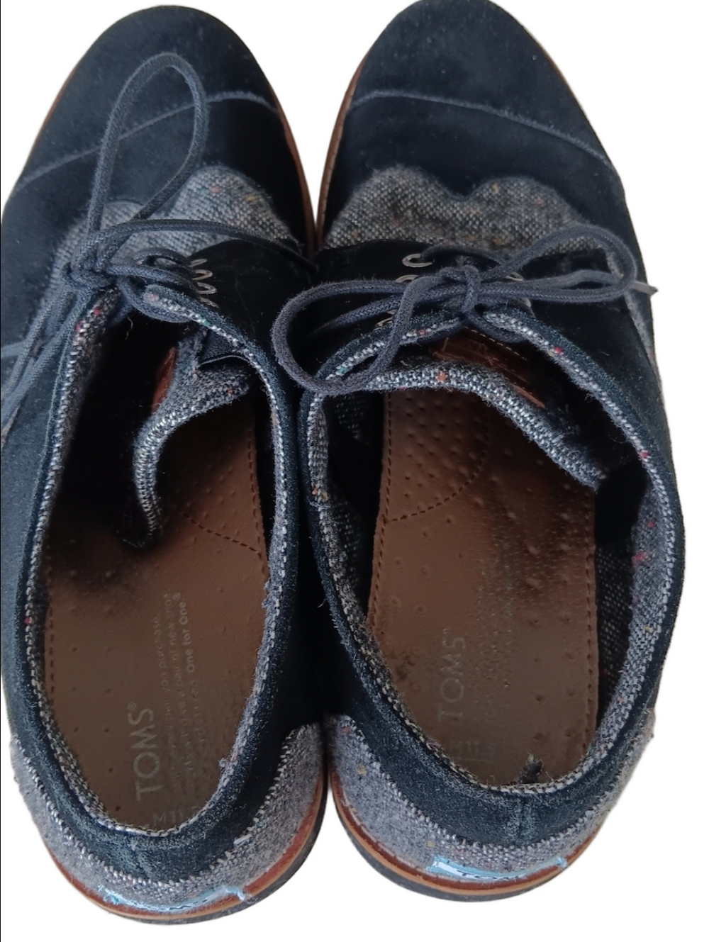 Toms Oxfords Wingtips Black Suede And Grey Tweed Casual Lace Up Shoes - Picture 3 of 7